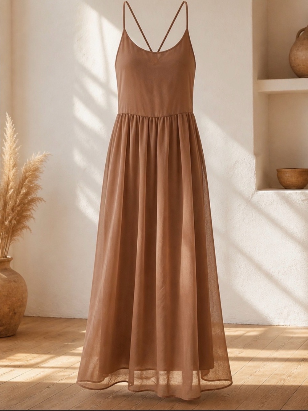 Women's light taupe cross back Spaghetti-StrapMaxi Dress